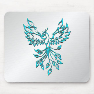 Teal Blue Phoenix Rises on Silver Mouse Pad