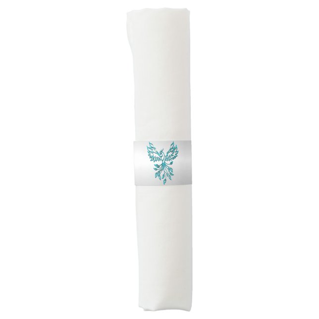 Teal Blue Phoenix Rises on Silver Napkin Bands (Front)