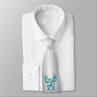 Teal Blue Phoenix Rises on Silver Neck Tie