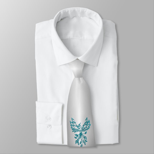 Teal Blue Phoenix Rises on Silver Neck Tie (Tied)