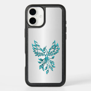 Teal Blue Phoenix Rises on Silver iPhone 16 Plus Case