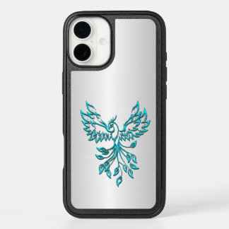 Teal Blue Phoenix Rises on Silver iPhone 16 Plus Case
