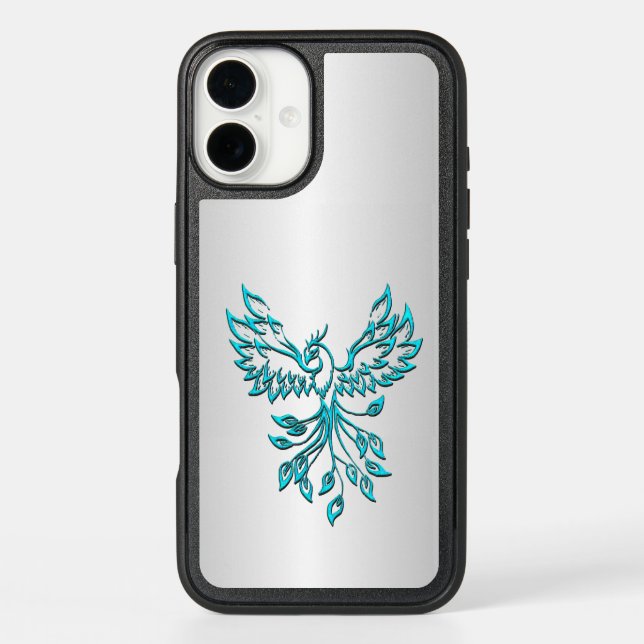Teal Blue Phoenix Rises on Silver Otterbox iPhone Case (Back)