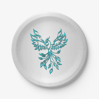 Teal Blue Phoenix Rises on Silver Paper Plates