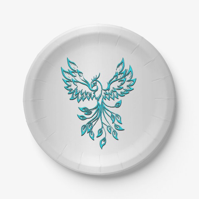 Teal Blue Phoenix Rises on Silver Paper Plates (Front)