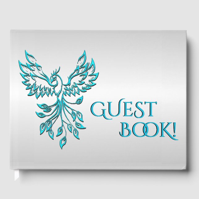 Teal Blue Phoenix Rises on Silver Personal Spine Guest Book (Front)