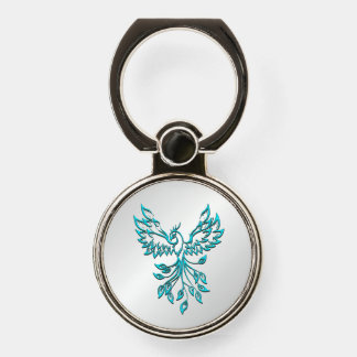 Teal Blue Phoenix Rises on Silver Phone Ring Stand
