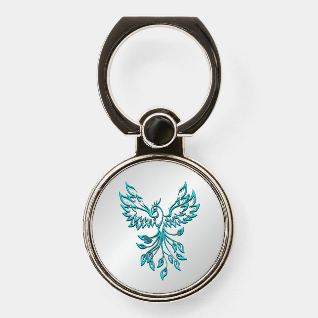 Teal Blue Phoenix Rises on Silver Phone Ring Stand (Front)