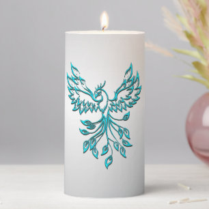 Teal Blue Phoenix Rises on Silver Pillar Candle