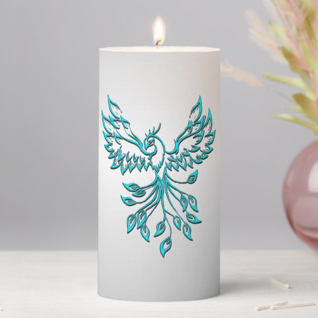 Teal Blue Phoenix Rises on Silver Pillar Candle (In Situ)