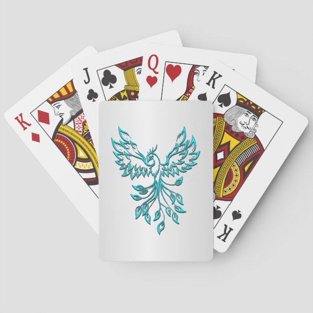 Teal Blue Phoenix Rises on Silver Poker Cards (Back)
