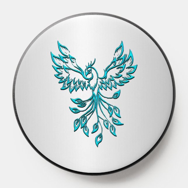 Teal Blue Phoenix Rises on Silver PopSocket (Popsocket)