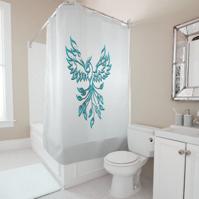 Teal Blue Phoenix Rises on Silver Shower Curtain (In Situ)