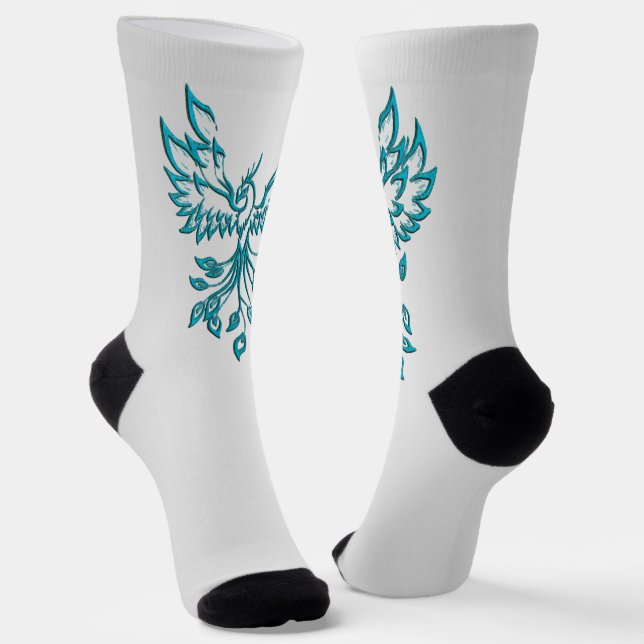 Teal Blue Phoenix Rises on Silver Socks (Angled)