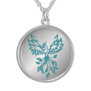 Teal Blue Phoenix Rises on Silver Sterling Silver Necklace