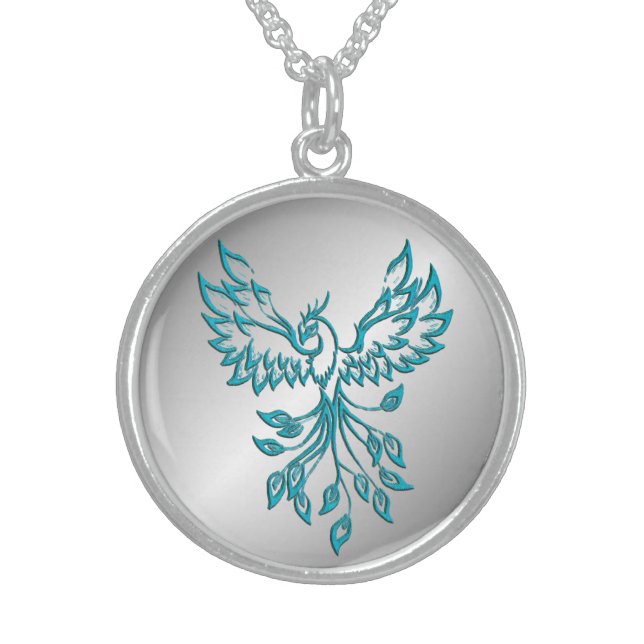 Teal Blue Phoenix Rises on Silver Sterling Silver Necklace (Front)