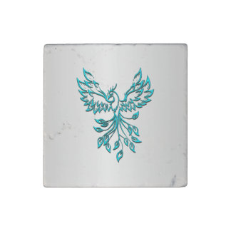 Teal Blue Phoenix Rises on Silver Stone Magnet