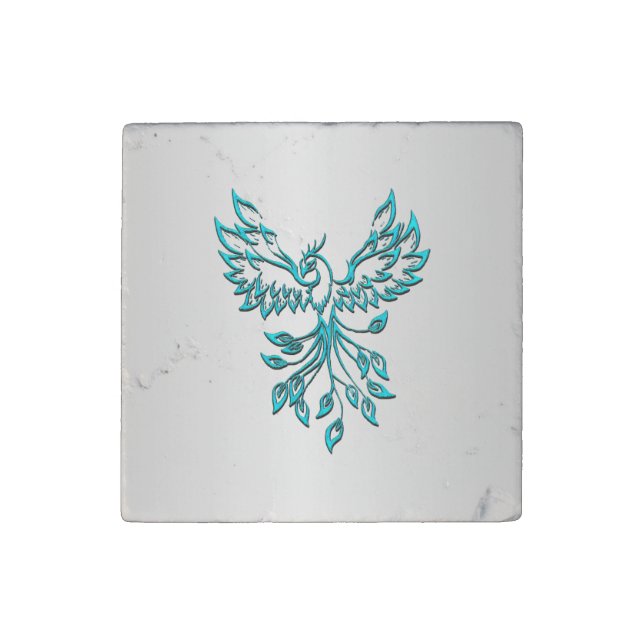 Teal Blue Phoenix Rises on Silver Stone Magnet (Front)