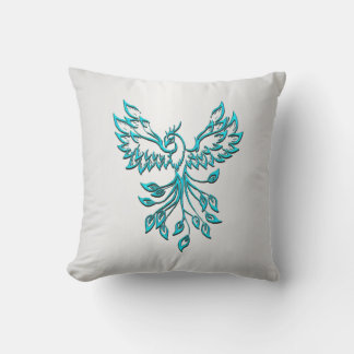 Teal Blue Phoenix Rises on Silver Throw Pillow