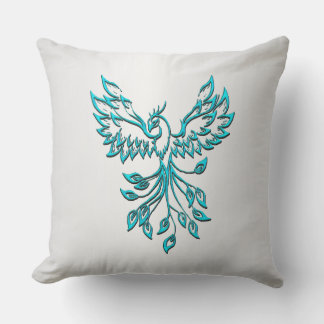 Teal Blue Phoenix Rises on Silver Throw Pillow