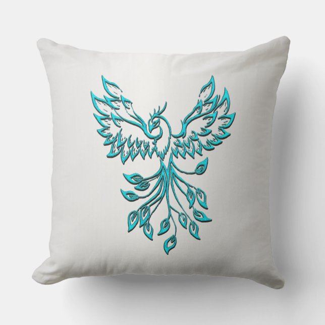 Teal Blue Phoenix Rises on Silver Throw Pillow (Front)