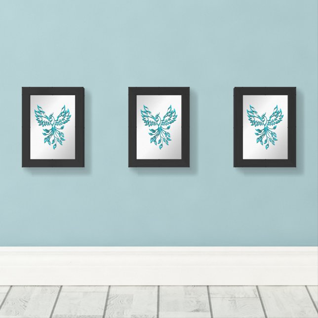 Teal Blue Phoenix Rises on Silver Wall Art Sets (Wood Floor)