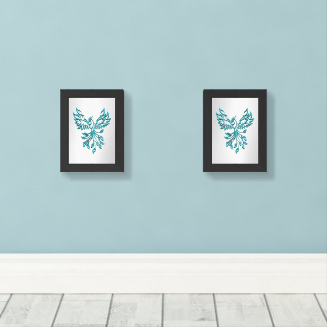 Teal Blue Phoenix Rises on Silver Wall Art Sets (Wood Floor)