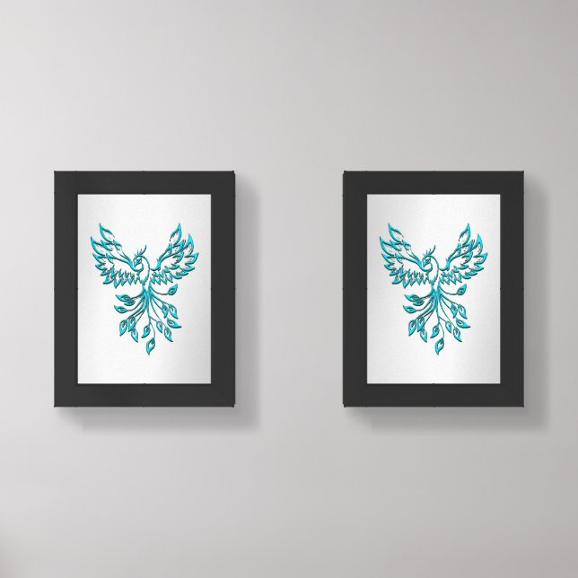 Teal Blue Phoenix Rises on Silver Wall Art Sets (Front)