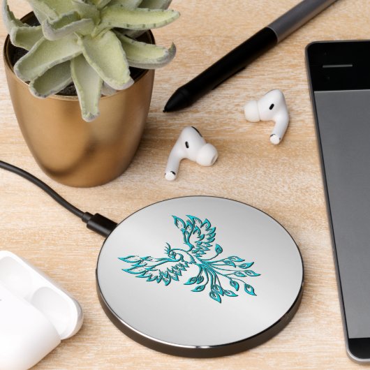 Teal Blue Phoenix Rises on Silver Wireless Charger (Desk 2)