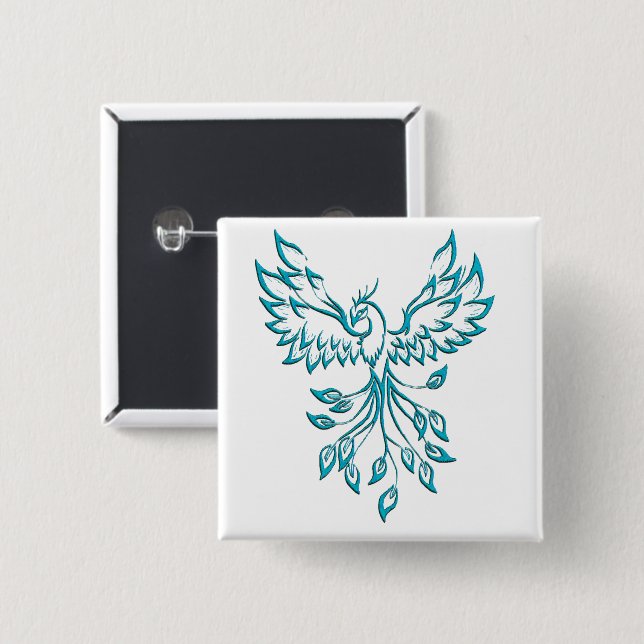 Teal Blue Phoenix Rises on White Button (Front & Back)