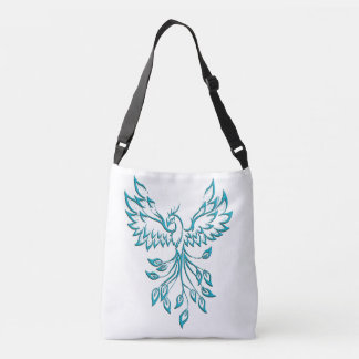 Teal Blue Phoenix Rises on White Crossbody Bag