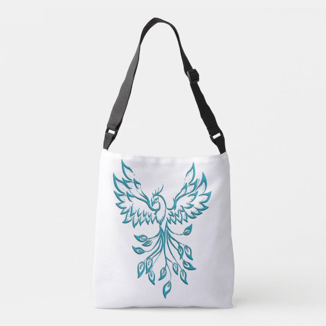Teal Blue Phoenix Rises on White Crossbody Bag (Back)