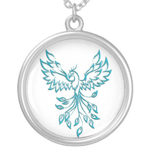 Teal Blue Phoenix Rises on White Silver Plated Necklace