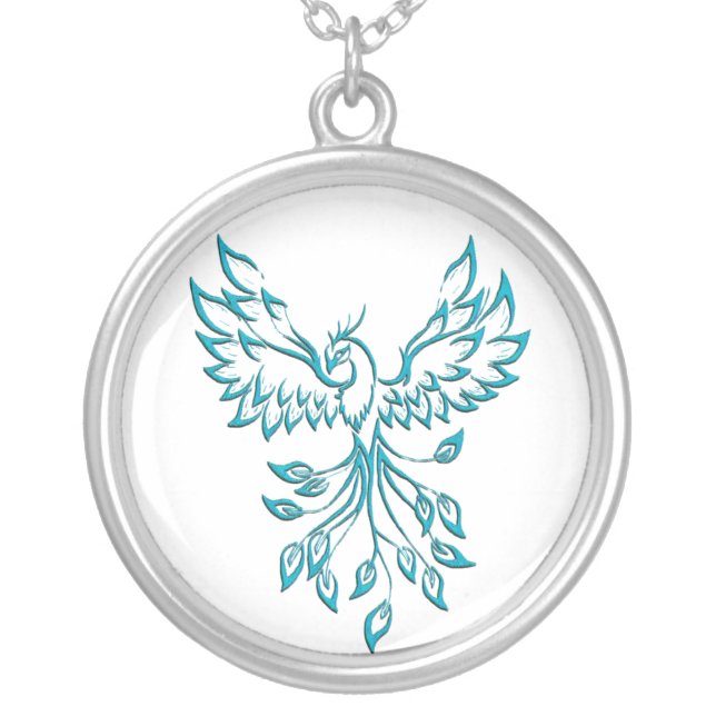 Teal Blue Phoenix Rises on White Silver Plated Necklace (Front)