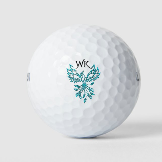 Teal Blue Phoenix Rises Personal Monogram Golf Balls (Front)