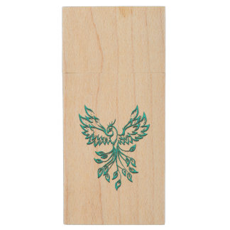 Teal Blue Phoenix Rises  Wood Flash Drive