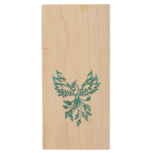 Teal Blue Phoenix Rises  Wood Flash Drive (Front Vertical)