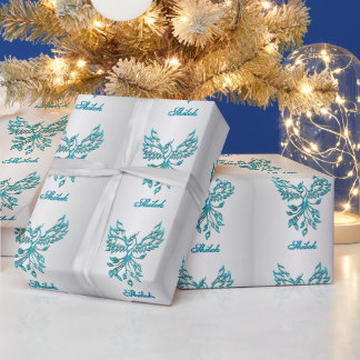 Teal Blue Phoenix with Name on Silver Personal Wrapping Paper