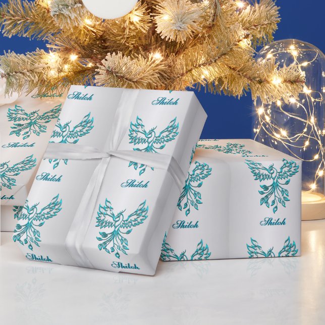 Teal Blue Phoenix with Name on Silver Personal Wrapping Paper (Holidays)