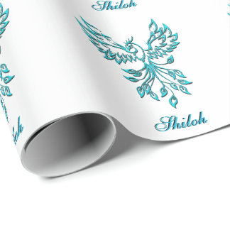 Teal Blue Phoenix with Name on White Personal Wrapping Paper