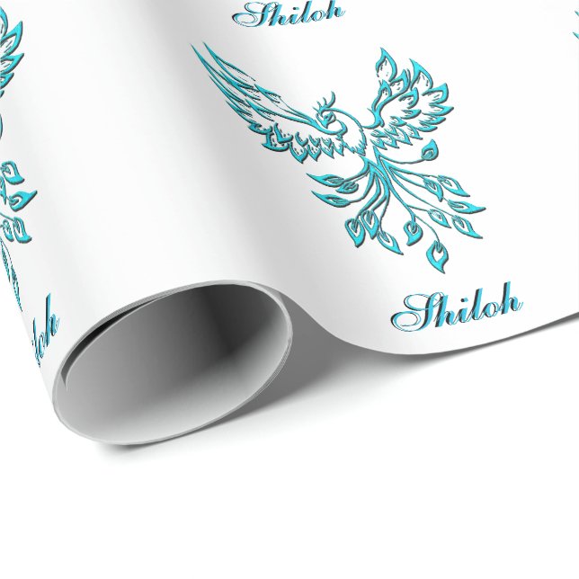 Teal Blue Phoenix with Name on White Personal Wrapping Paper (Roll Corner)