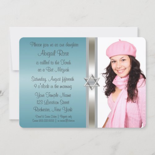 Teal Blue Photo Bat Mitzvah Invitation