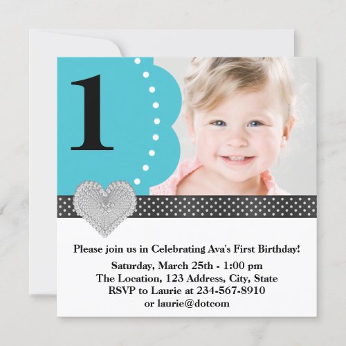 Teal Blue Black Girls Photo 1st Birthday Party Personalized Announcement
