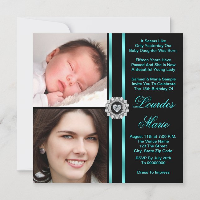 Teal Blue Photo Quinceanera Invitation (Front)