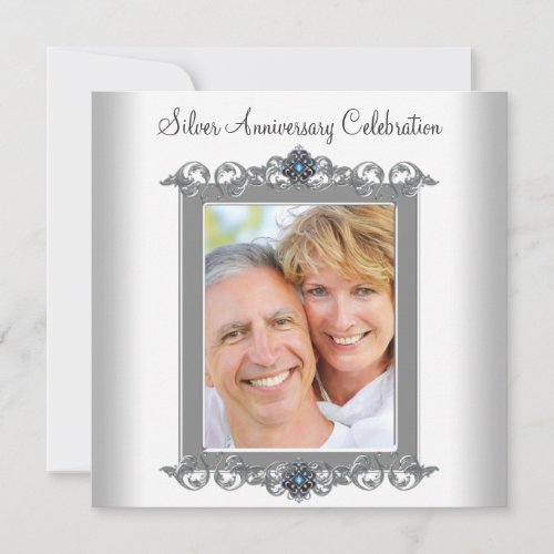Teal Blue Photo Silver 25th Anniversary Party Custom Announcements