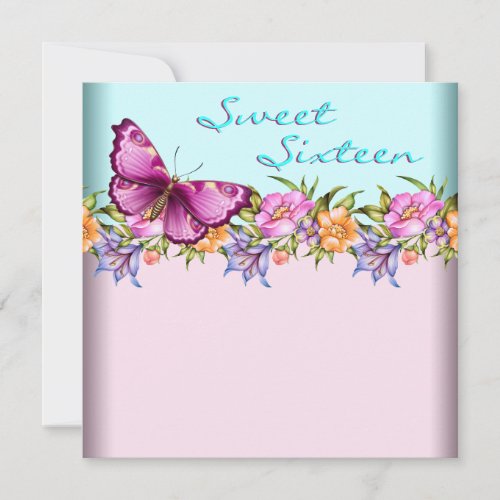 Teal Blue Pink Butterfly Sweet 16 Birthday Party Invitation