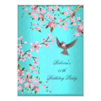 Teal Blue Pink Cherry Blossom Birthday Party Card