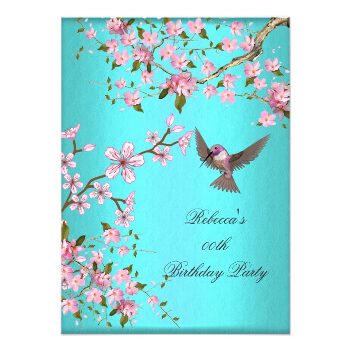 Teal Blue Pink Cherry Blossom Birthday Party Invites