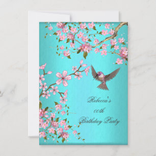 Teal Blue Pink Cherry Blossom Birthday Party Invitation