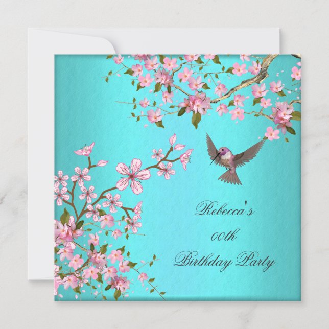 Teal Blue Pink Cherry Blossom Birthday Party Invitation (Front)